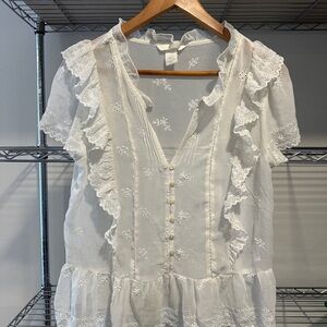 H&M White Embroidered Ruffle Blouse